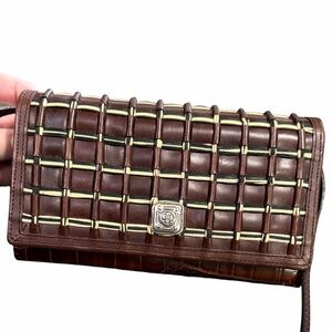 BRIGHTON Wallet Leather Woven Flap Croc Embossed Removable Strap Brown Black